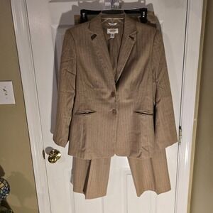 Talbots Petites Brown Pinstripe Wool Blend 2 Piece Pant Suit Set Size 8P